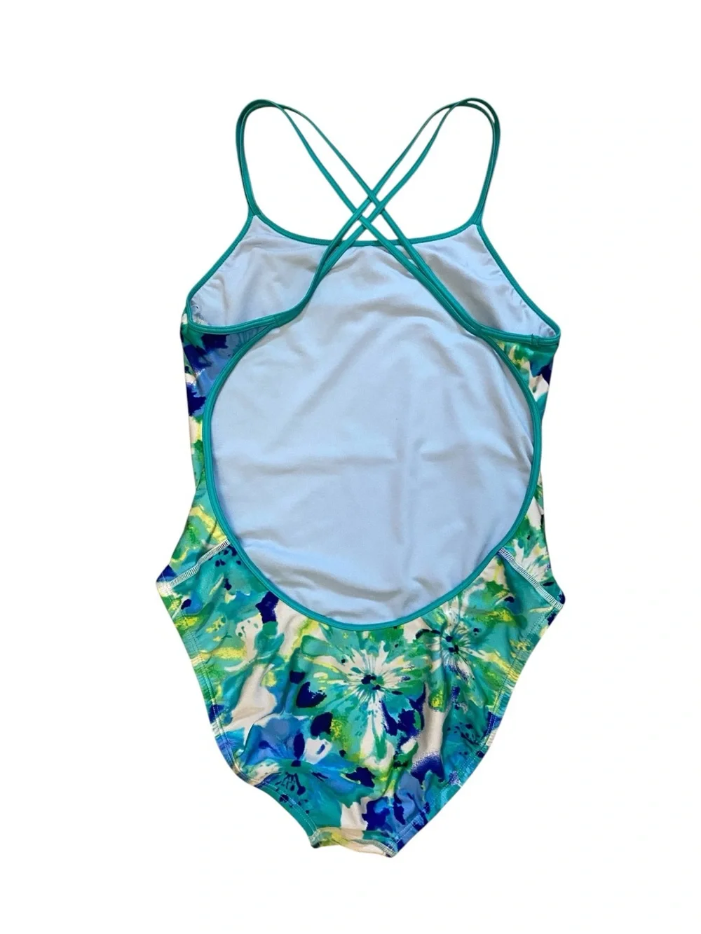 Nike Blue Green Floral Print Crossback One Piece Swimsuit 12 Athletic Sporty